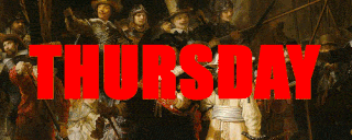 With the nightwatch as a backdrop, word flash in bold colors with the address
and time of a party